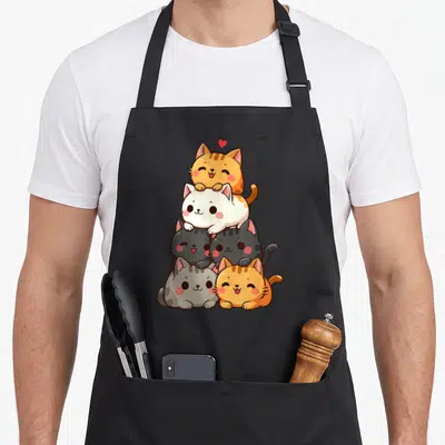 Tablier de cuisine noir avec une illustration de six chatons kawaii empilés en pyramide sous un petit cœur rouge.