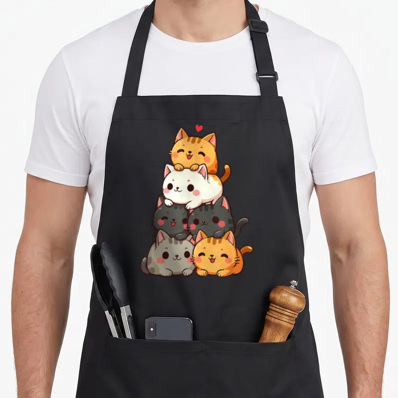 Tablier de cuisine noir avec une illustration de six chatons kawaii empilés en pyramide sous un petit cœur rouge.