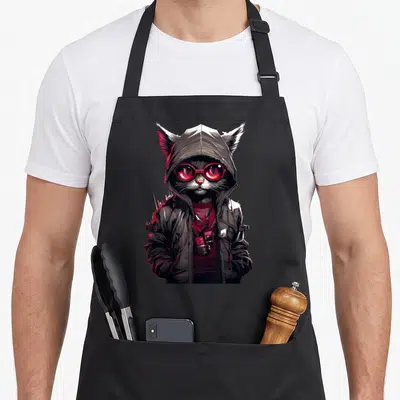 Tablier de cuisine noir avec illustration d'un chaton hacker en capuche et lunettes roses lumineuses.