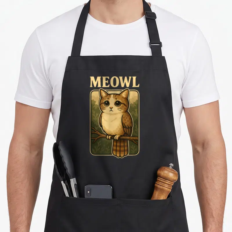 Tablier de cuisine noir avec illustration d'un hybride chat hibou posé sur une branche sous le texte MEOWL en lettres dorées.