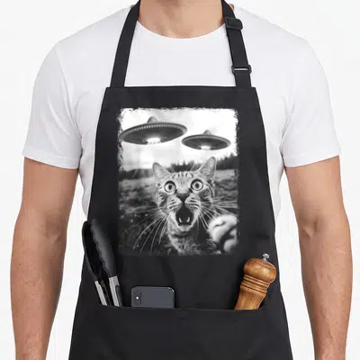 Tablier de cuisine noir avec un chat tigré effectuant un selfie sous deux engins volants non identifiés en noir et blanc.
