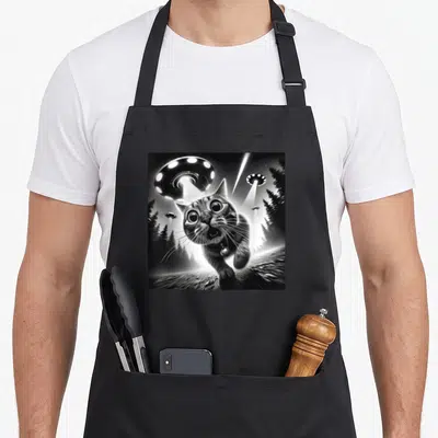 Tablier de cuisine noir avec illustration d'un chat terrifié par des engins spatiaux lumineux au-dessus d'une forêt d'épinettes.