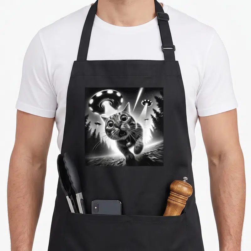Tablier de cuisine noir avec illustration d'un chat terrifié par des engins spatiaux lumineux au-dessus d'une forêt d'épinettes.