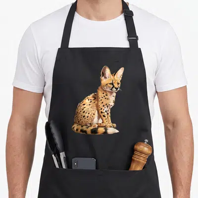 Tablier de cuisine noir avec illustration d'un serval assis aux grandes oreilles et au pelage tacheté orange et noir.