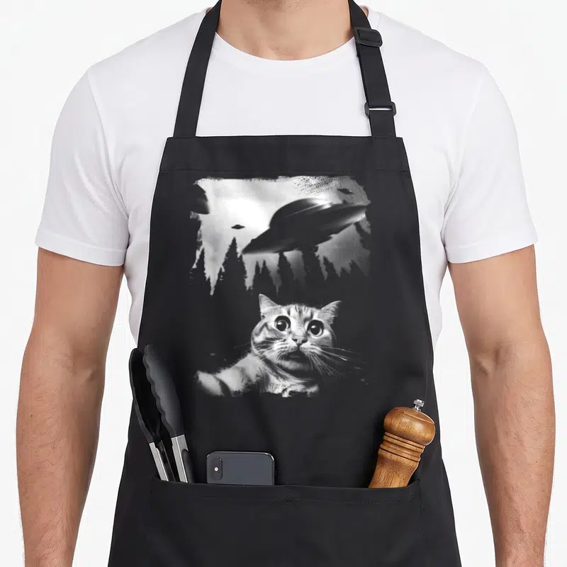 Tablier de cuisine noir avec illustration d'un chat taking a selfie sous des engins volants et des arbres stylisés.