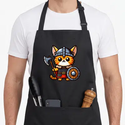 Tablier de cuisine noir avec un chat tigré orange vêtu d'un casque viking et tenant une hache ainsi qu'un bouclier rond.
