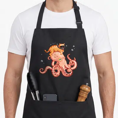 Tablier de cuisine noir avec illustration d'un chat orange en masque de plongée chevauchant une pieuvre rose aux tentacules ondulés.