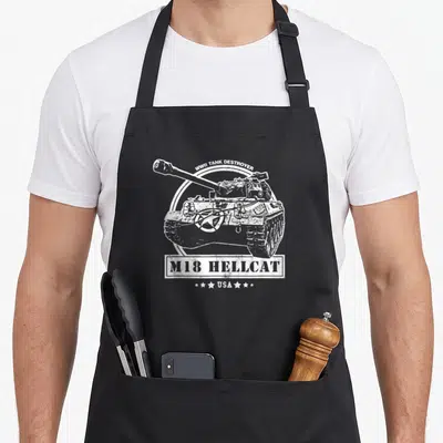 Tablier de cuisine noir avec illustration blanche d'un char M18 Hellcat et l'inscription WWII Tank Destroyer USA.