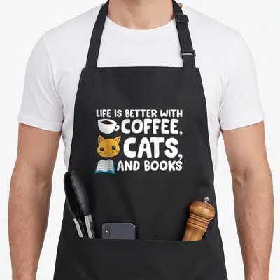 Tablier de cuisine noir avec un chat orange, une tasse de café et un livre ouvert sous le texte Life Is Better With Coffee, Cats And Books