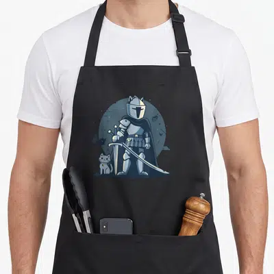 Tablier de cuisine noir avec illustration d'un knight en armure tenant une épée près d'un petit chat blanc.