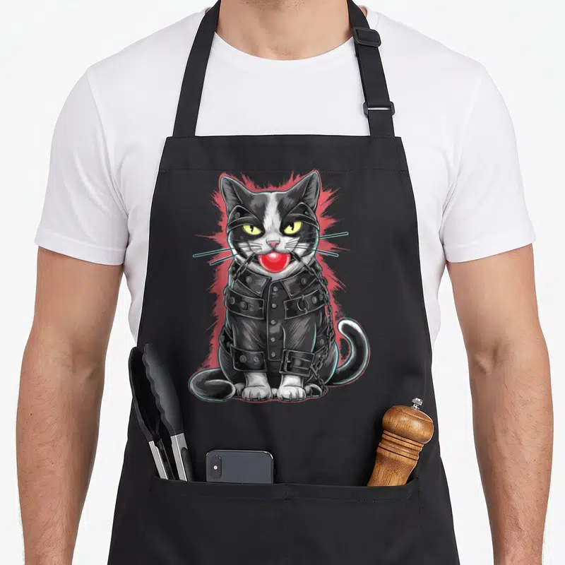 Tablier de cuisine noir avec illustration d'un chat noir et blanc en tenue de liaison BDSM et bouchon rouge.