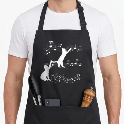 Tablier de cuisine noir avec deux chats blancs jouant de la musique et des notes dispersées.