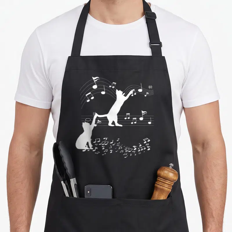 Tablier de cuisine noir avec deux chats blancs jouant de la musique et des notes dispersées.