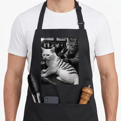 Tablier de cuisine noir avec illustration d'un chat tigré tatouant des rayures sur le dos d'un chat blanc en studio.