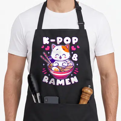 Tablier de cuisine noir avec illustration d'un chat blanc et orange dans une bolée de ramen rose sous les mots K-POP et RAMEN