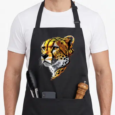 Tablier de cuisine noir avec tête de guépard aux couleurs vives et détails fins.