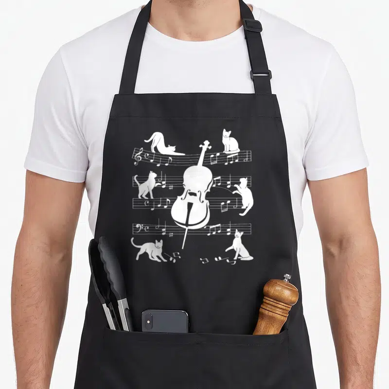 Tablier de cuisine noir avec un violoncelle blanc entouré de chats posés sur des notes de musique, style illustration monochrome.
