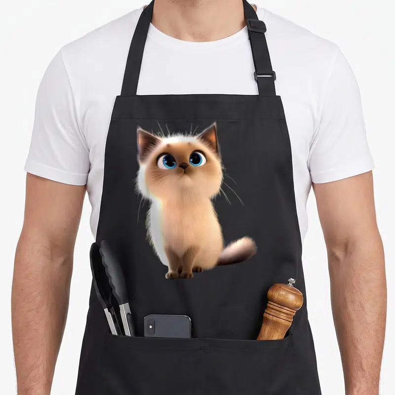 Tablier de cuisine noir avec un chaton Sacré de Birmanie aux grands yeux bleus et au regard doux.