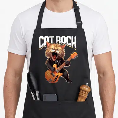 Tablier de cuisine noir avec illustration d'un chat rockeur jouant d'une guitare électrique orange sous le texte Cat Rock.