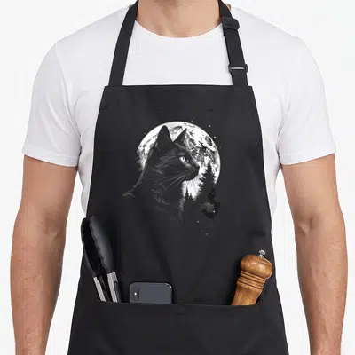 Tablier de cuisine noir avec illustration d'un chat noir regardant une lune pleine stylisée en aquarelle noire et blanche.