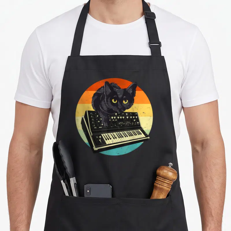 Tablier de cuisine noir avec illustration d'un chat noir jouant du synthétiseur sur fond arc-en-ciel vintage.
