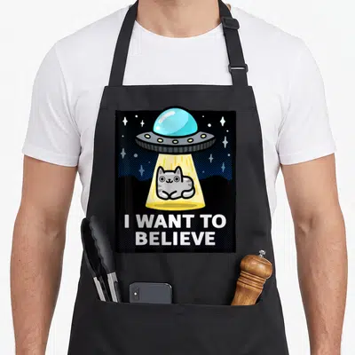 Tablier de cuisine noir avec un chat gris dans un rayon lumineux d'engin spatial et texte blanc en anglais.