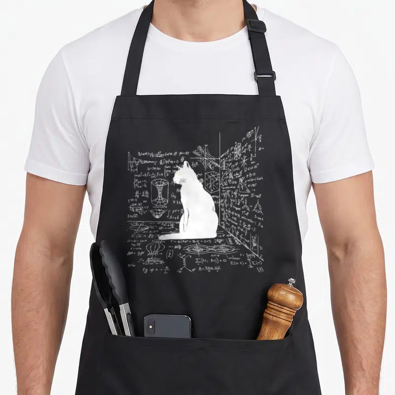 Tablier de cuisine noir avec un chat blanc assis devant des formules mathématiques et physiques blanches.
