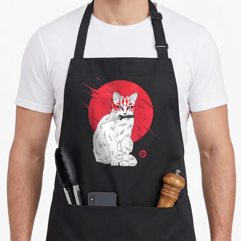 Tablier de cuisine noir avec illustration d'un chat blanc au katana et masques tribaux rouges sur fond de soleil rouge.