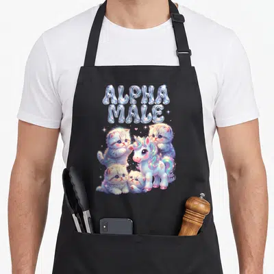 Tablier de cuisine noir avec illustration de quatre chatons blancs, une licorne irisée et le texte ALPHA MALE en lettres gonflables argentées.