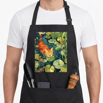 Tablier de cuisine noir avec illustration d'un chat orange dormant sur un nénuphar au milieu d'une mare verdoyante.