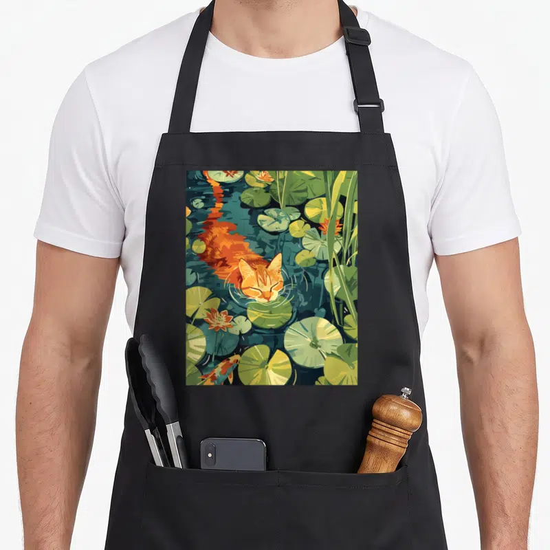 Tablier de cuisine noir avec illustration d'un chat orange dormant sur un nénuphar au milieu d'une mare verdoyante.