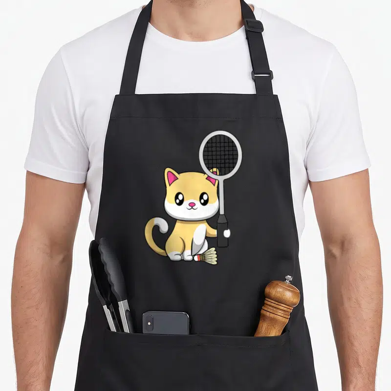 Tablier de cuisine noir avec un chat orange tenant une raquette de badminton et un volant à ses pieds.