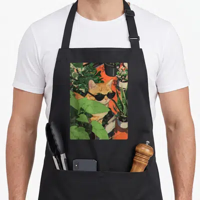 Tablier de cuisine noir avec illustration d'un chat tigré roux portant des lunettes noires au milieu de plantes vertes sur un sol orange.
