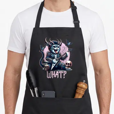 Tablier de cuisine noir avec un chat rockeur aux cornes jouant d'une guitare électrique entouré de têtes de mort.