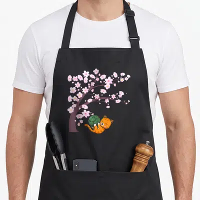 Tablier de cuisine noir avec illustration d'un chaton orange jouant avec une laine verte sous un arbre à fleurs roses.