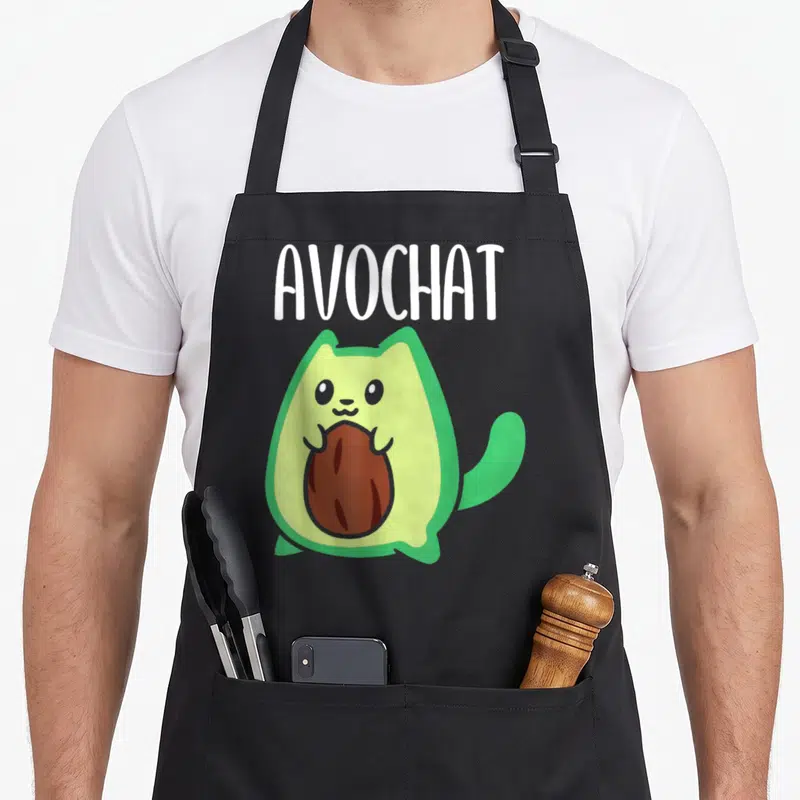Tablier de cuisine noir avec un avatar vert en forme d'avocat et la mention Avochat en lettres blanches au-dessus.