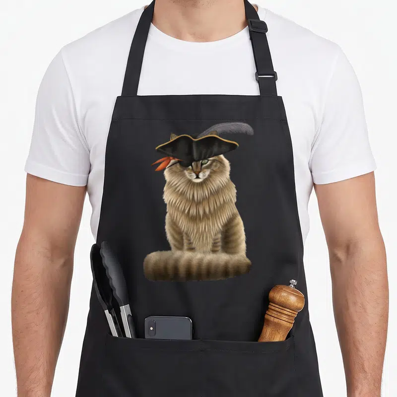 Tablier de cuisine noir illustré d'un chaton pirate au chapeau orné d'une plume grise et d'un bandeau orange sur l'œil.