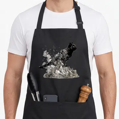Tablier de cuisine noir avec illustration d'un chat noir transformé en paysage naturel et papillons volants.