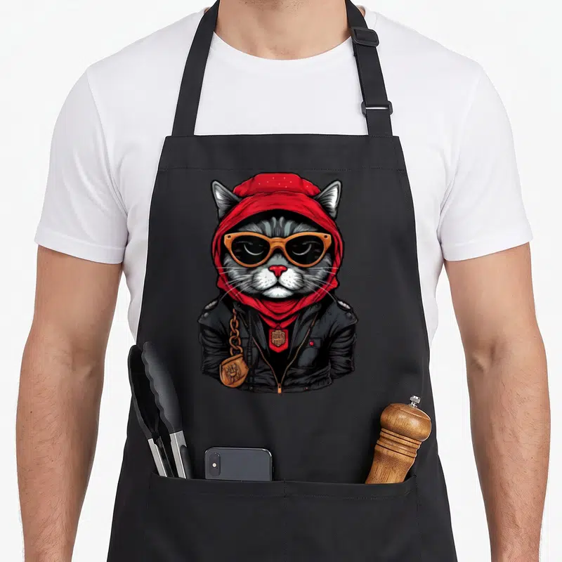Tablier de cuisine noir avec illustration d'un chat gangster portant un bonnet rouge et des lunettes de soleil oranges.