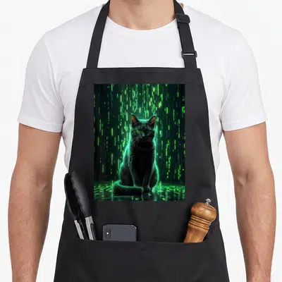 Tablier de cuisine noir avec un chat noir aux yeux verts sur fond de pluie de code numérique vert luminescent.