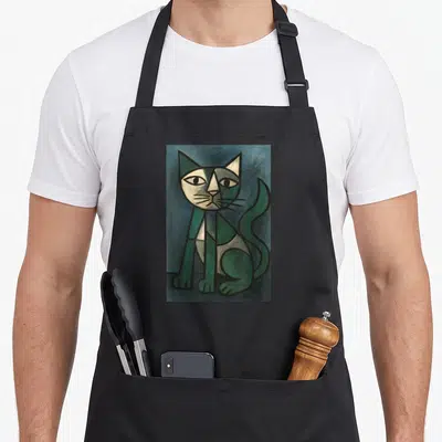Tablier de cuisine noir avec illustration d'un chat vert et bleu au style cubiste et traits noirs marqués.