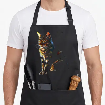 Tablier de cuisine noir avec un portrait de chat aux couleurs vives et au style graphique abstrait.