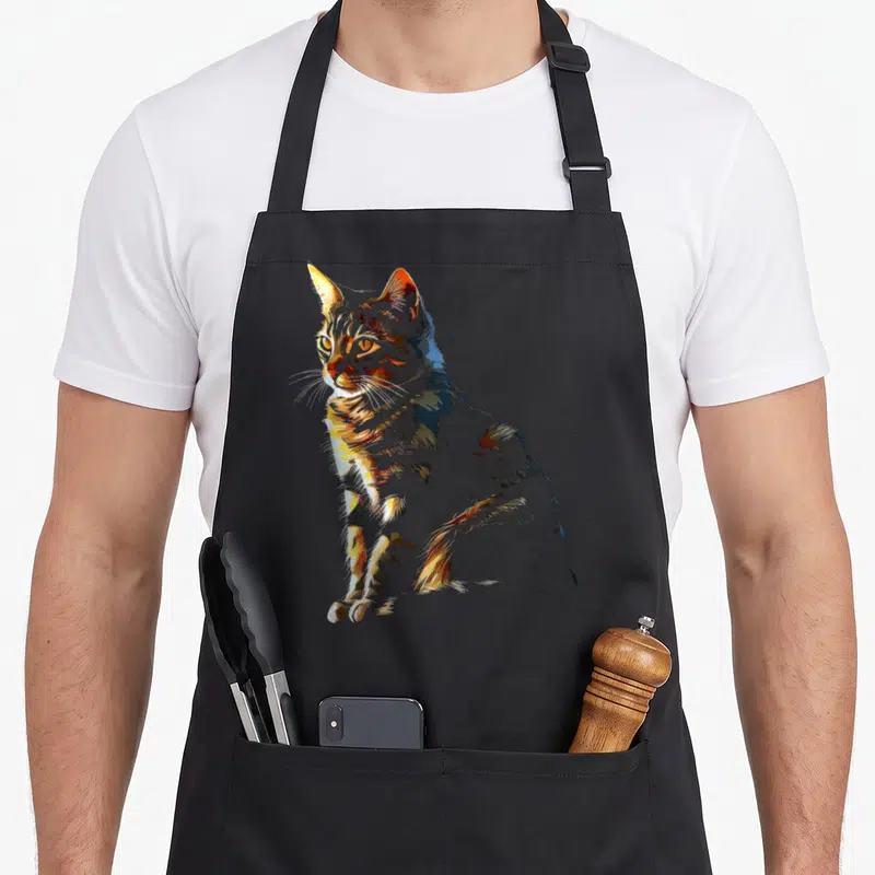 Tablier de cuisine noir avec un portrait de chat aux couleurs vives et au style graphique abstrait.