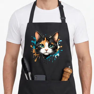 Tablier de cuisine noir avec illustration d'un visage de chat tricolore entouré de éclaboussures colorées.
