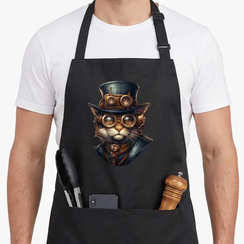 Tablier de cuisine noir avec illustration de chat steampunk portant un chapeau haut de forme et des lunettes à engrenages dorés.