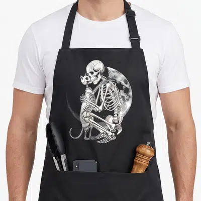Tablier de cuisine noir avec squelette humanoïde étreignant un chaton squelettique devant une pleine lune.