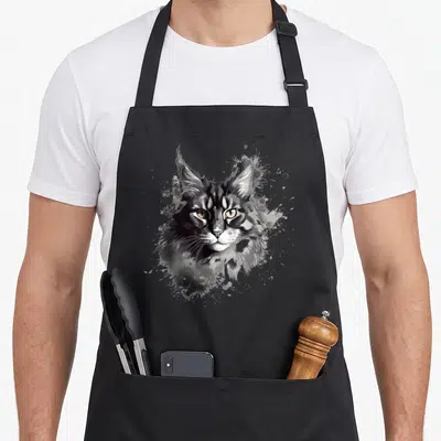 Tablier de cuisine noir avec tête de Maine Coon en art abstrait noir et blanc et éclats d'encre.
