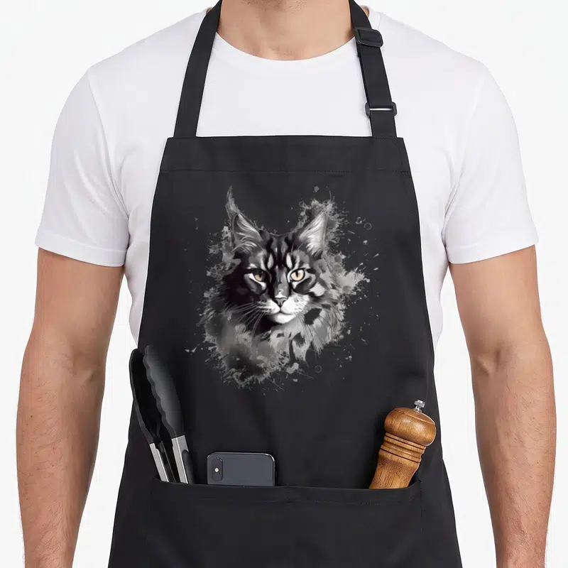Tablier de cuisine noir avec tête de Maine Coon en art abstrait noir et blanc et éclats d'encre.