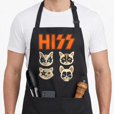 Tablier de cuisine noir avec le mot Hiss en orange et quatre chats stylisés aux yeux bleus et motifs stars.