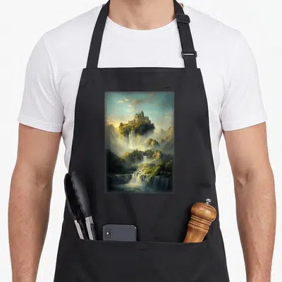 Tablier de cuisine noir avec un château flottant surplombant des cascades et une végétation dense.